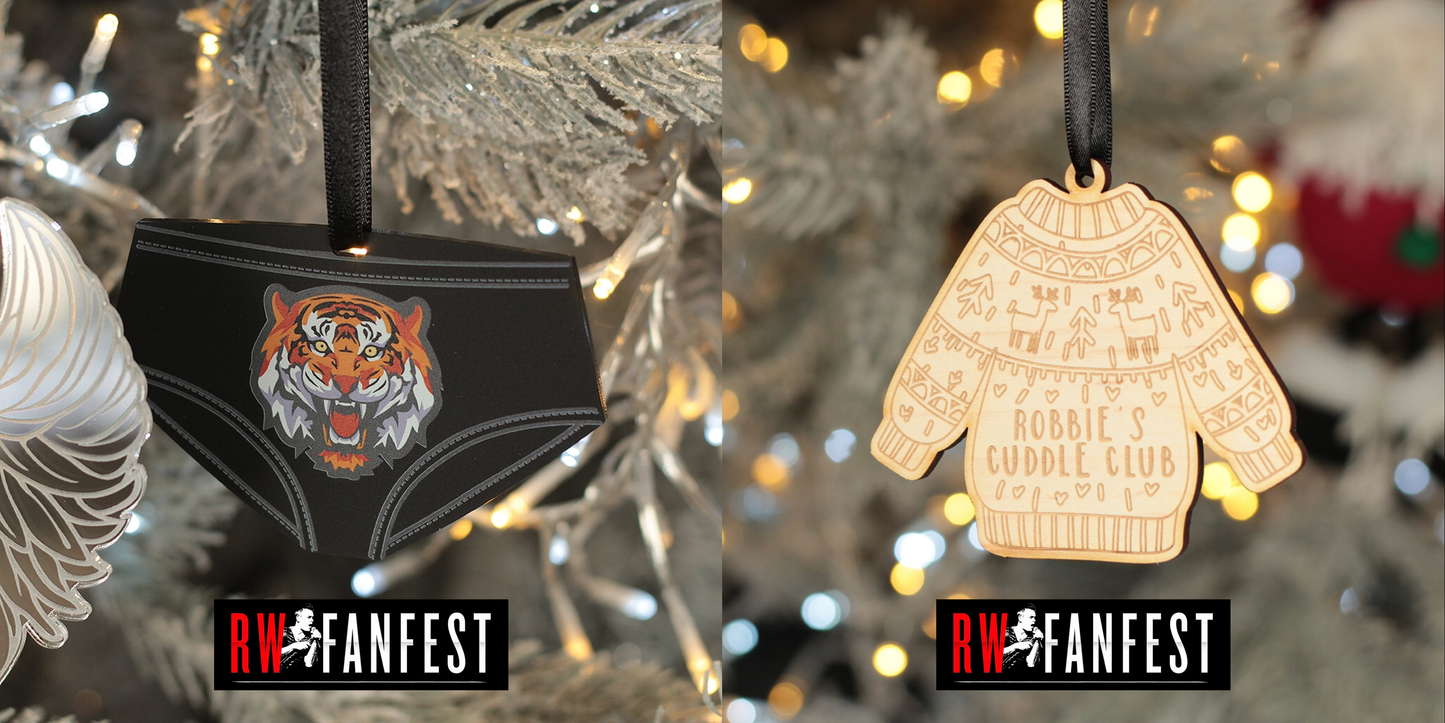 Tiger Pants, CC jumper, Angels wings and birdies Christmas Tree Decorations