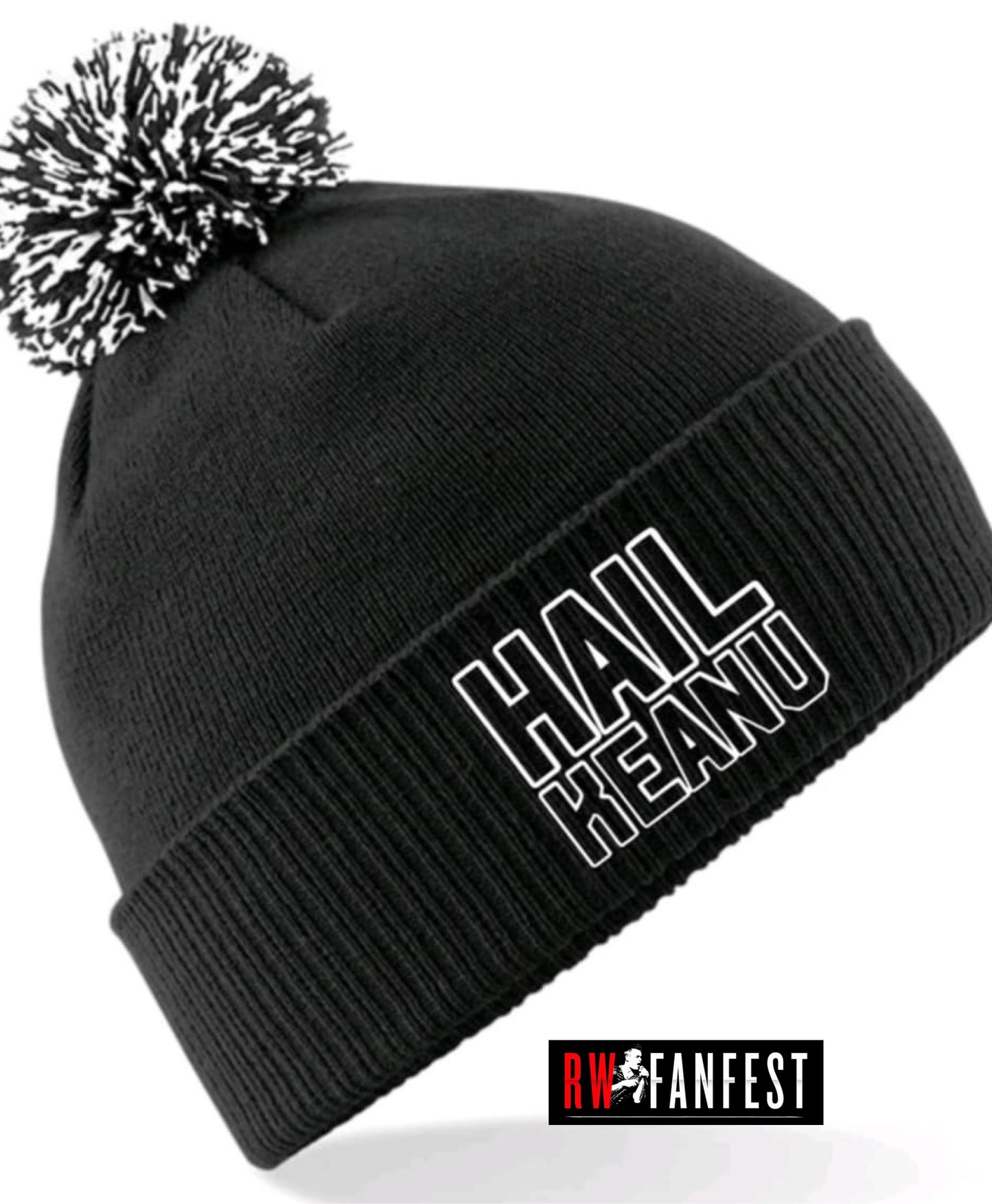 EXCLUSIVE “Hail Keanu” embroidered bobble hat in black