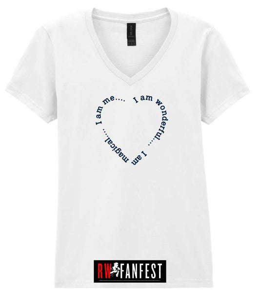 “I am wonderful. I am magical. I am me,” LADIES FIT classic V neck T-shirt in white