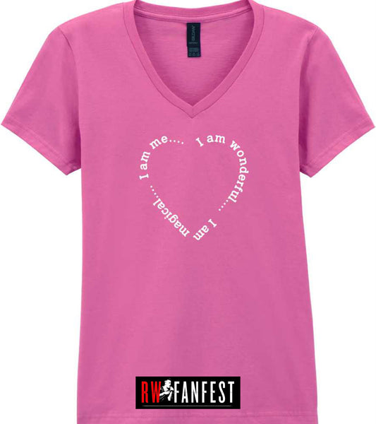 “I am wonderful. I am magical. I am me,” LADIES FIT classic V neck T-shirt in Hot Pink